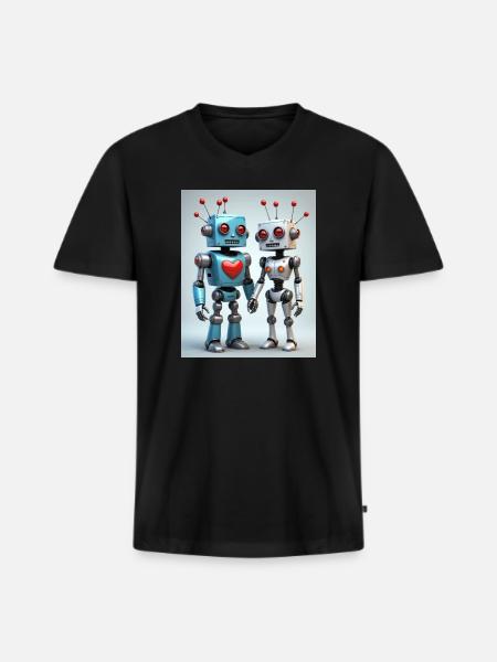 Roboter Pärchen - Männer Premium Bio T-Shirt mit V-Ausschnitt - Schwarz