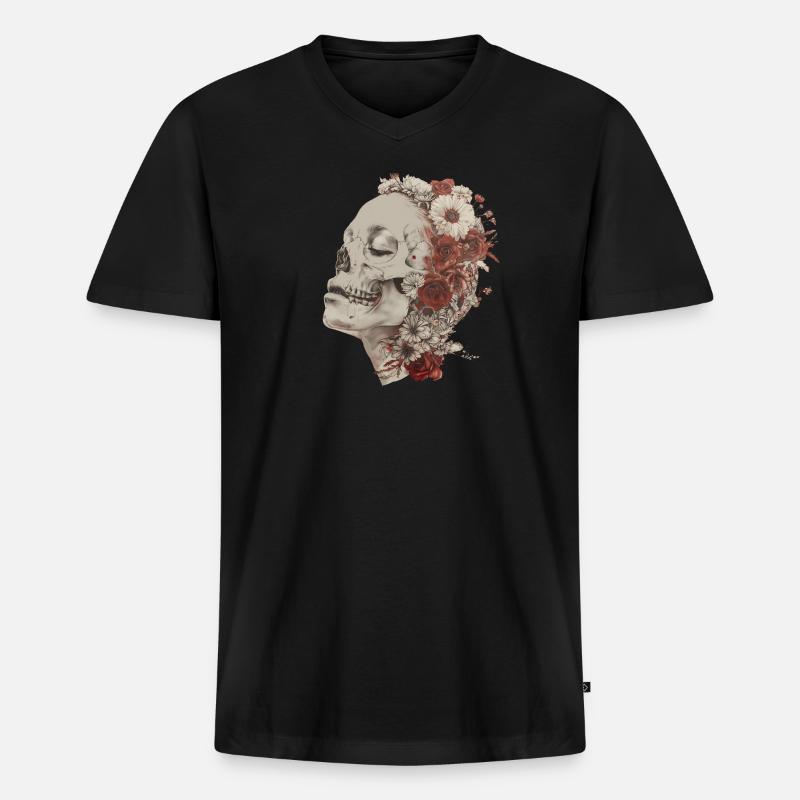 Blühender Schädel - Männer Premium Bio T-Shirt mit V-Ausschnitt - Schwarz
