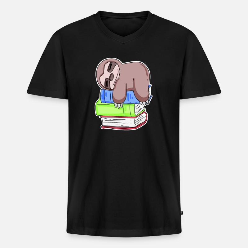 Faultier Buch Bücher Lesen - Männer Premium Bio T-Shirt mit V-Ausschnitt - Schwarz