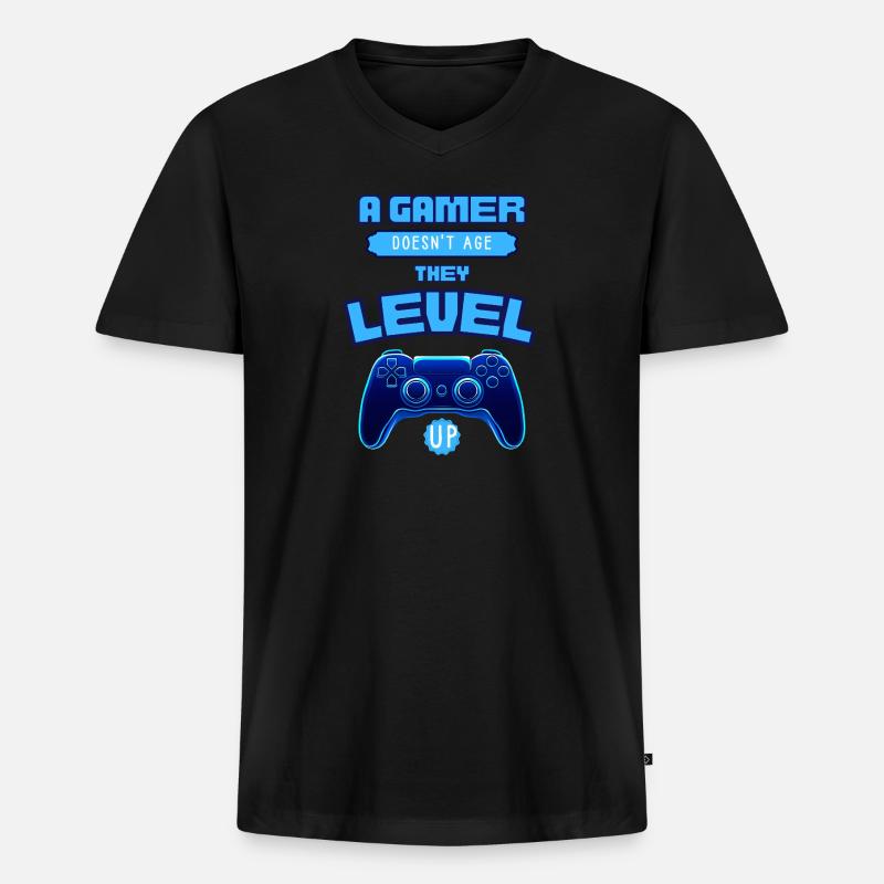 Gamer Level Up Neon-Controller - Männer Premium Bio T-Shirt mit V-Ausschnitt - Schwarz