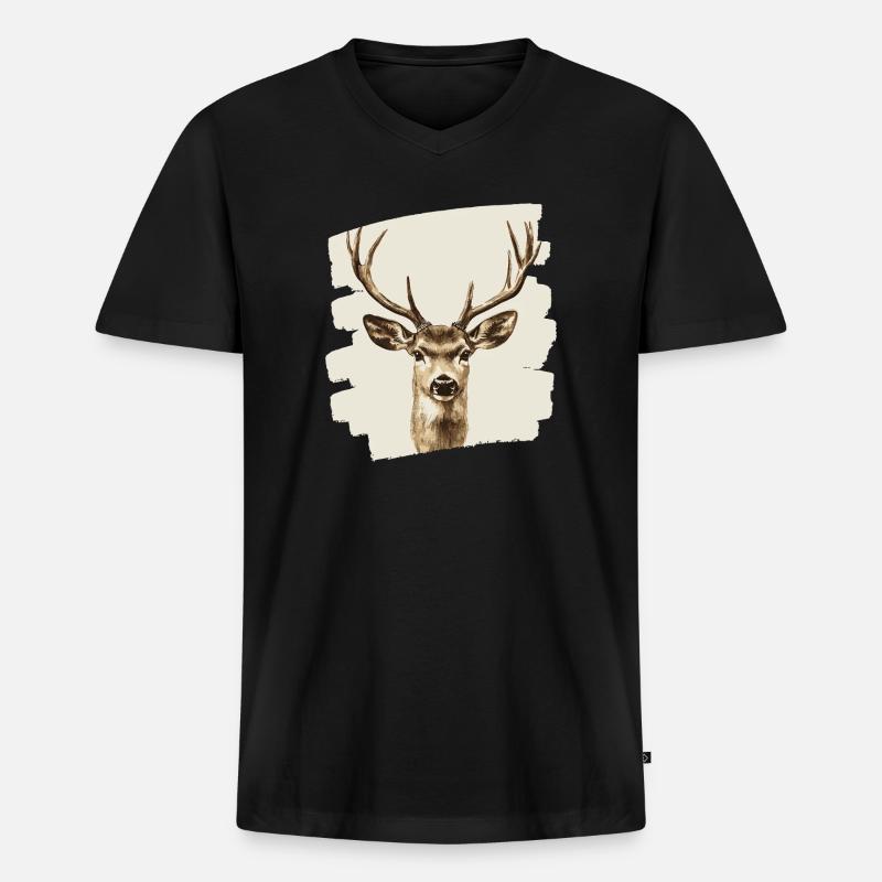 Hirsch mit Geweih - Männer Premium Bio T-Shirt mit V-Ausschnitt - Schwarz