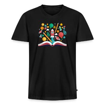 Livre ouvert avec des objets scolaires, apprendre et éduquer - T-shirt encolure en V Premium bio Homme - noir - Devant - Nico (187cm)