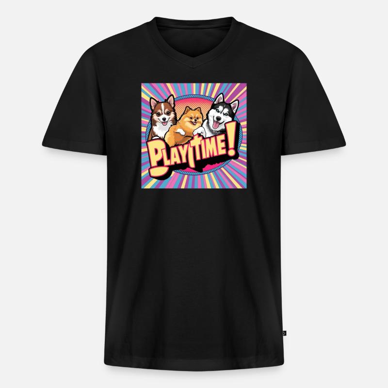 Comic Dogs - Playtime - Männer Premium Bio T-Shirt mit V-Ausschnitt - Schwarz