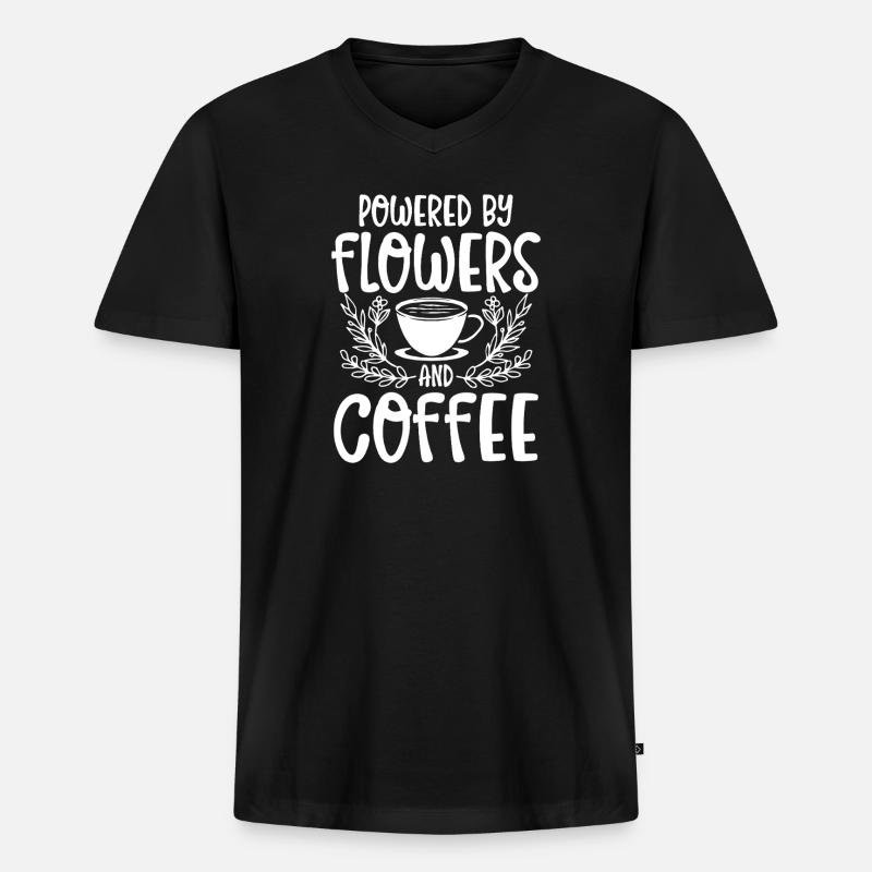 Powered by flowers and coffee - Männer Premium Bio T-Shirt mit V-Ausschnitt - Schwarz