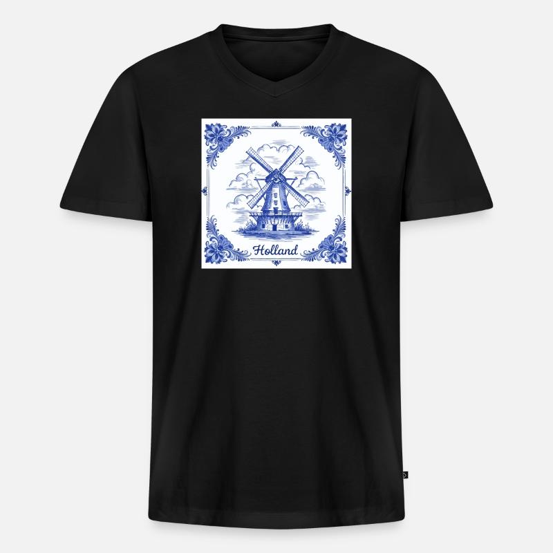 Delfter blauer Windmühlenkachel - Männer Premium Bio T-Shirt mit V-Ausschnitt - Schwarz