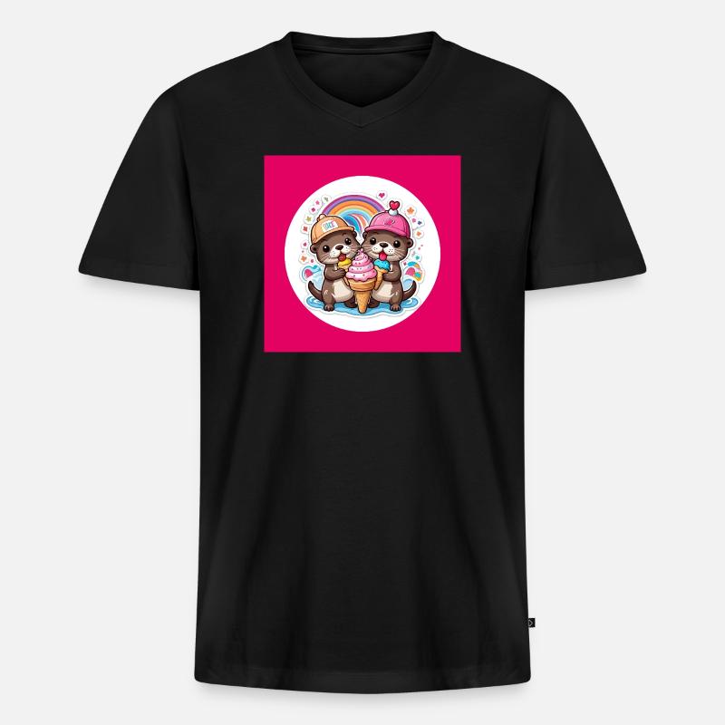 Zwei Otter mit bunter Eistüte - Männer Premium Bio T-Shirt mit V-Ausschnitt - Schwarz