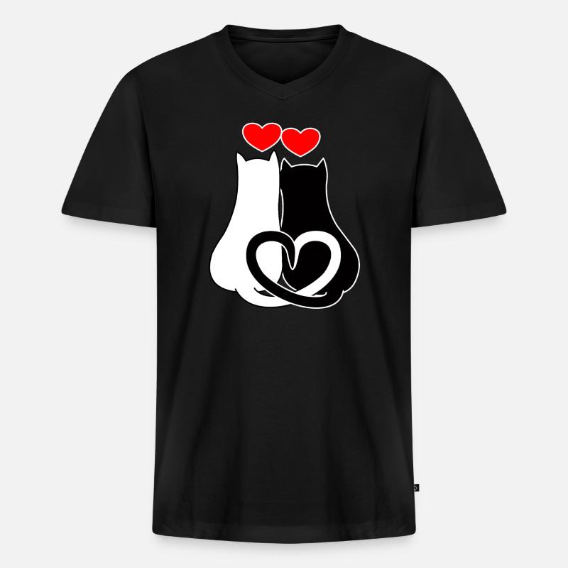 Verliebte Katzen mit Herzen - Männer Premium Bio T-Shirt mit V-Ausschnitt - Schwarz