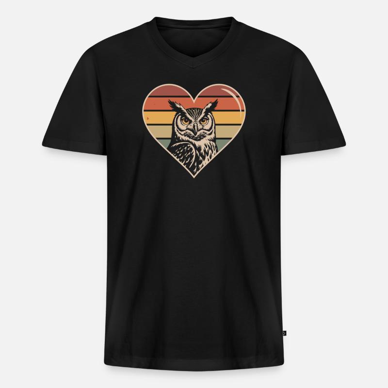 Retro Eule Herz Design - Männer Premium Bio T-Shirt mit V-Ausschnitt - Schwarz
