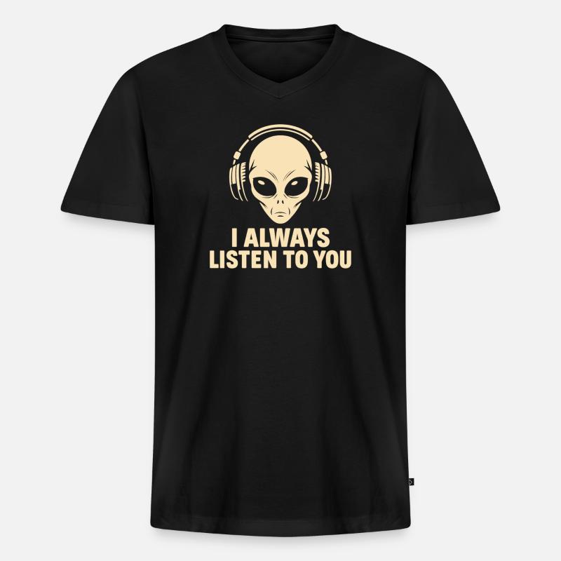 Außerirdischer mit Kopfhörer  - Männer Premium Bio T-Shirt mit V-Ausschnitt - Schwarz