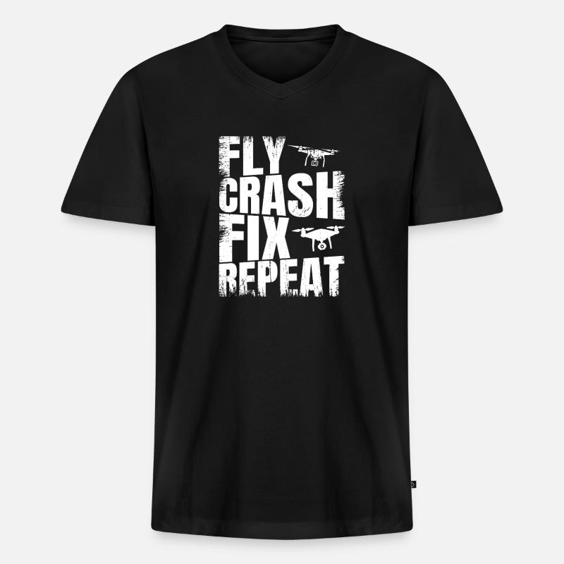 Fly_Crash_Fix_Repeat - Männer Premium Bio T-Shirt mit V-Ausschnitt - Schwarz