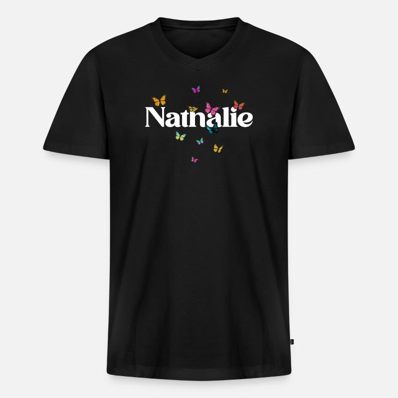 Schöner Mädchenname mit Schmetterlingen NATHALIE - Männer Premium Bio T-Shirt mit V-Ausschnitt - Schwarz
