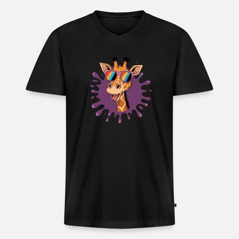 Fröhliche Giraffe Mit Regenbogenbrille Im Coolen - Männer Premium Bio T-Shirt mit V-Ausschnitt - Schwarz