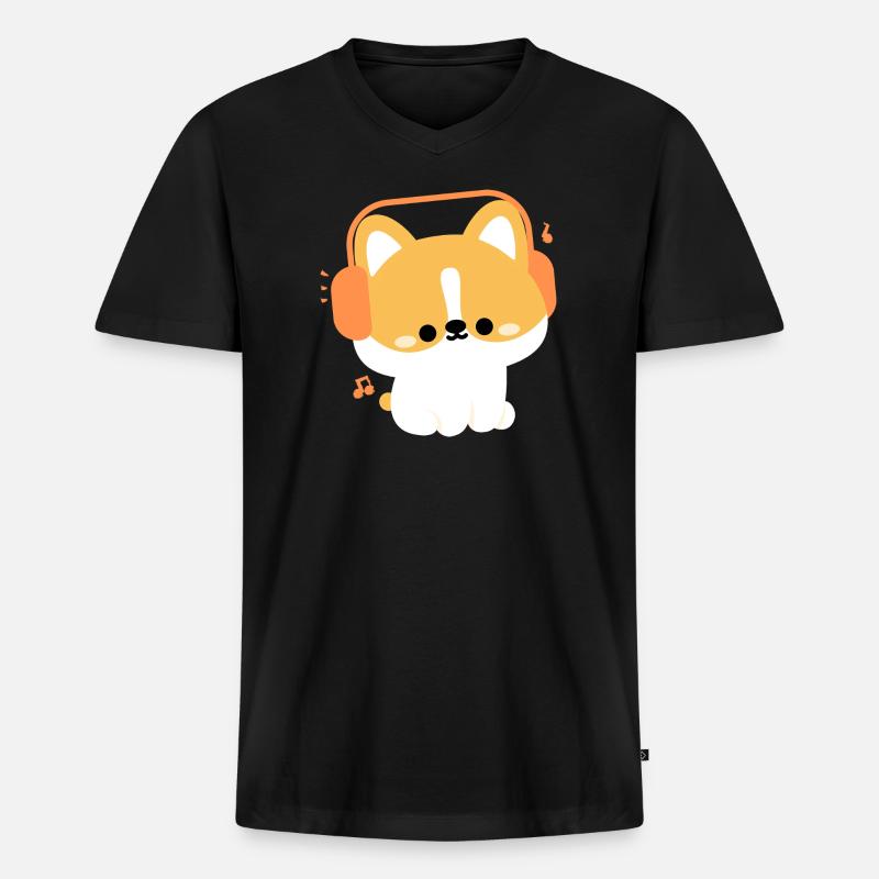 Kopfhörer Corgi - Männer Premium Bio T-Shirt mit V-Ausschnitt - Schwarz