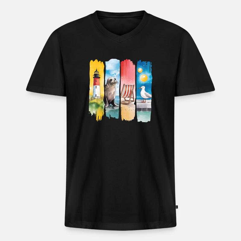 Maritim Leuchtturm Robbe Möwe Küste - Männer Premium Bio T-Shirt mit V-Ausschnitt - Schwarz