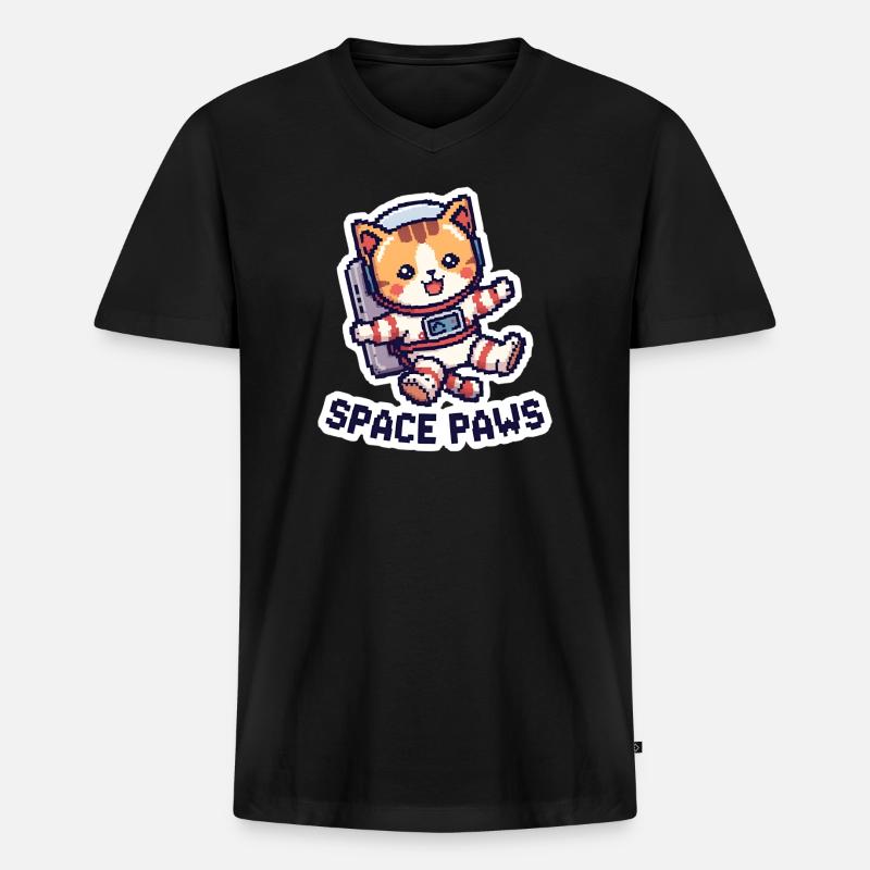 Space Paws – Chat pixel dans l’espace - T-shirt encolure en V Premium bio Homme - noir