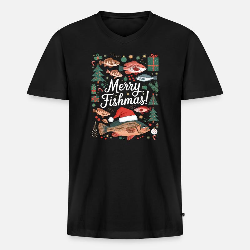 Angler Weihnachtspullover Fisch Merry Fishmas - Männer Premium Bio T-Shirt mit V-Ausschnitt - Schwarz