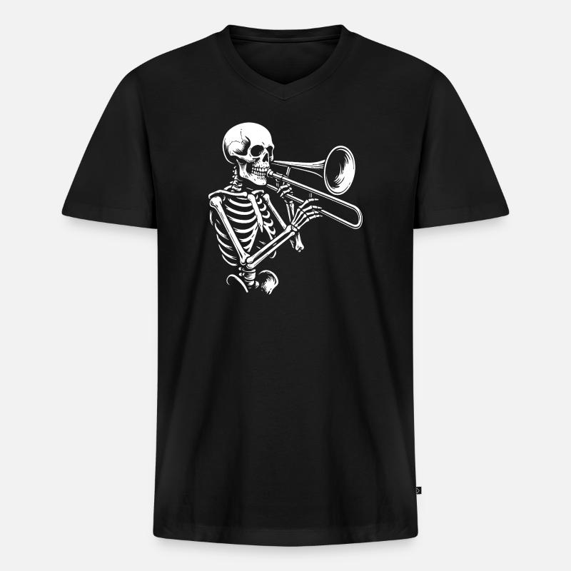 Skelett Trompete Jazz Silhouette - Männer Premium Bio T-Shirt mit V-Ausschnitt - Schwarz