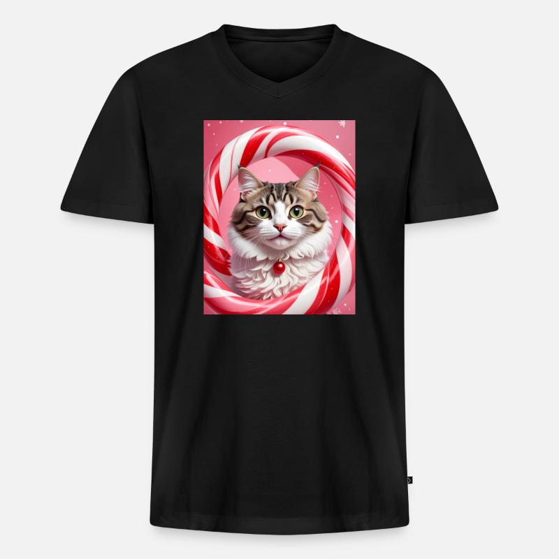 Weihnachtskatze im Süßigkeiten-Ring-Design - Männer Premium Bio T-Shirt mit V-Ausschnitt - Schwarz