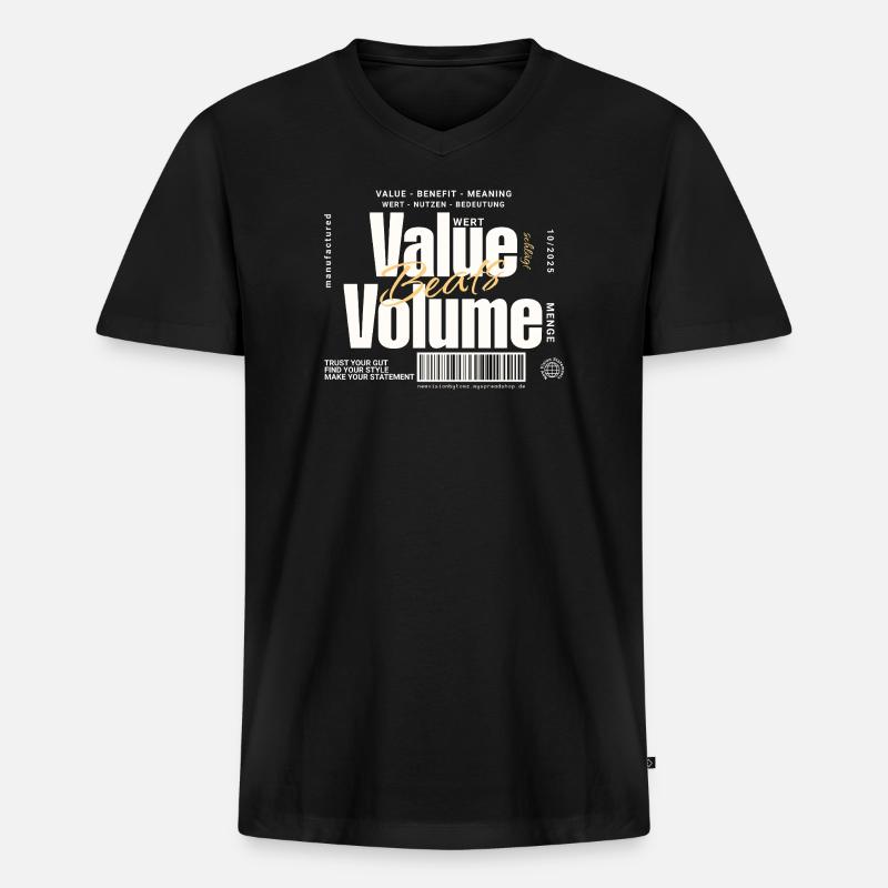 Value Beats Volume – Statement Design (Dunkel) - Männer Premium Bio T-Shirt mit V-Ausschnitt - Schwarz