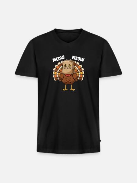Turkey Cat Thanksgiving Fall Harvest - Men's Premium Organic T-shirt with V-neck - black
