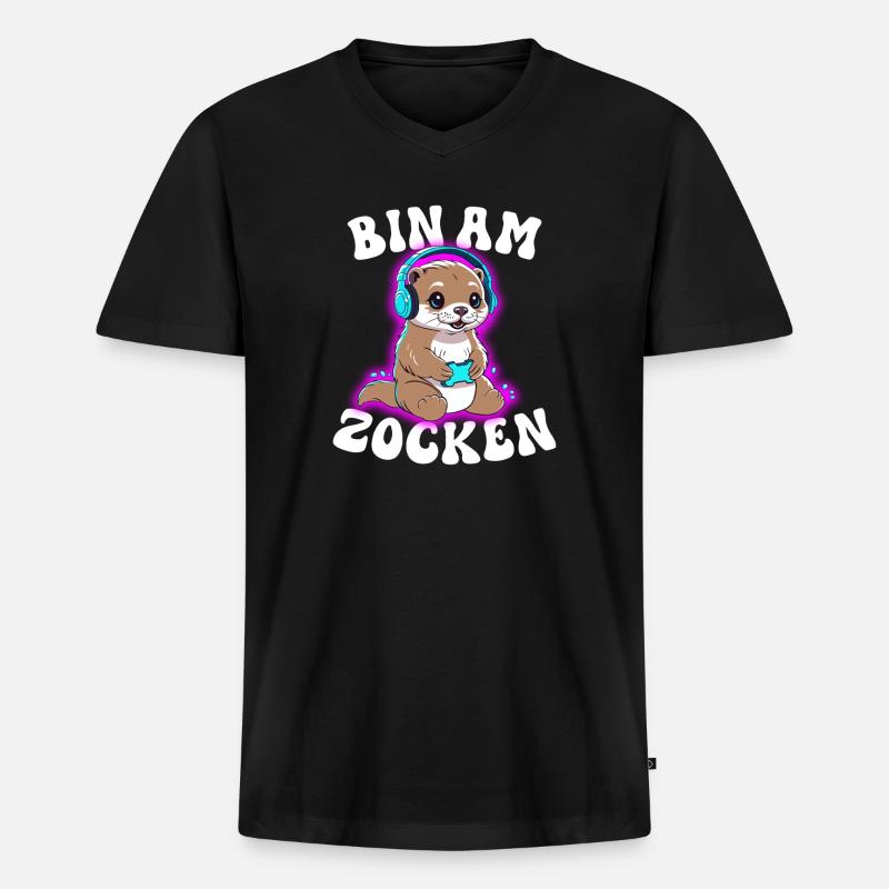 Bin am Zocken Otter  - Männer Premium Bio T-Shirt mit V-Ausschnitt - Schwarz