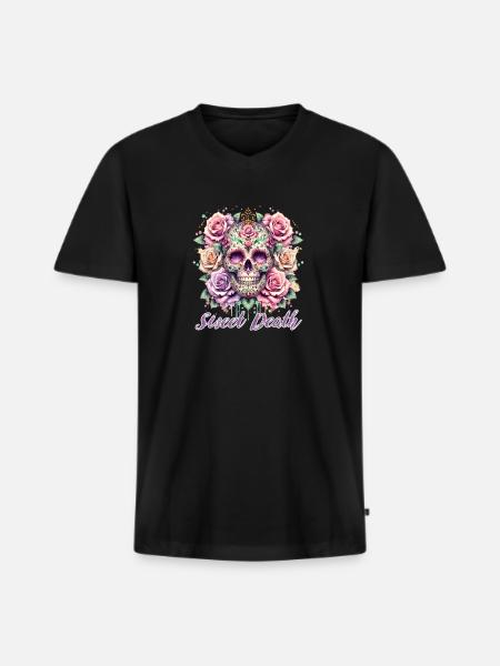Fleurs Crâne Beauté Floraison - T-shirt encolure en V Premium bio Homme - noir