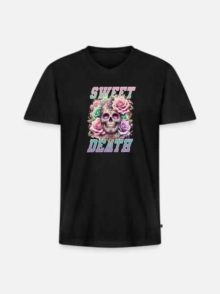 Fleurs Crâne Beauté Floraison - T-shirt encolure en V Premium bio Homme - noir