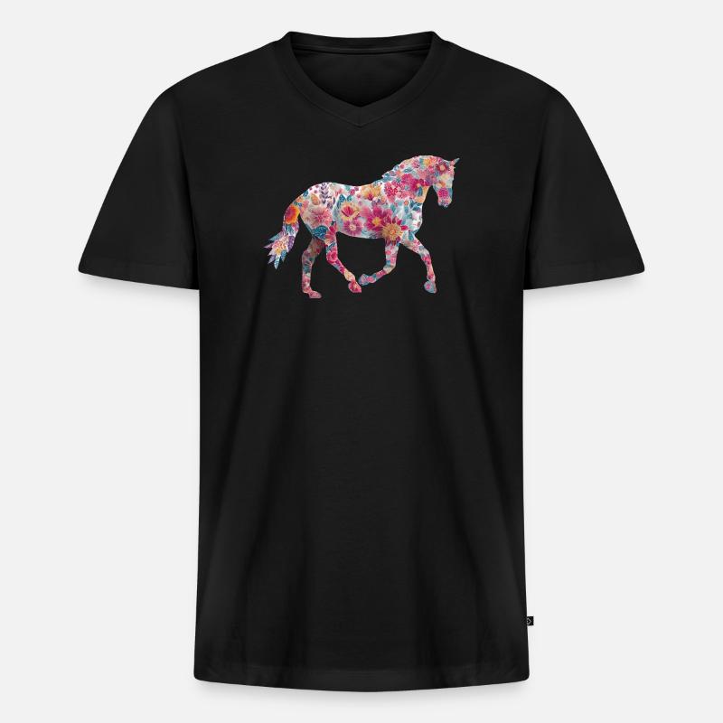Pferd Blumen Muster - Männer Premium Bio T-Shirt mit V-Ausschnitt - Schwarz