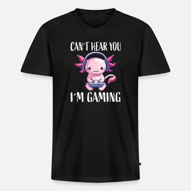 Gaming Axolotl mit Kopfhörer - Männer Premium Bio T-Shirt mit V-Ausschnitt - Schwarz