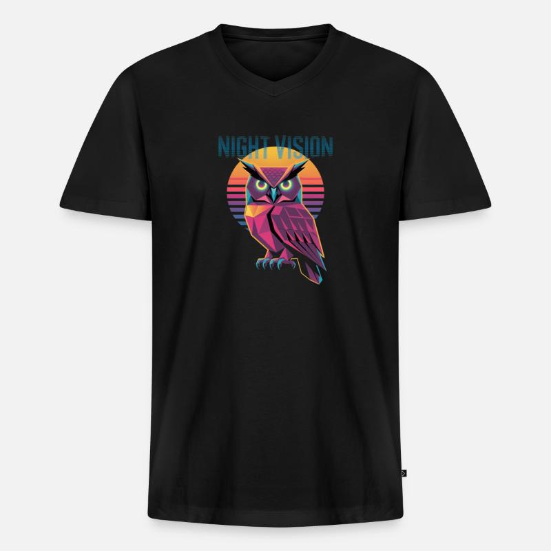 Night Vision Eule Retro Synthwave Sunset - Männer Premium Bio T-Shirt mit V-Ausschnitt - Schwarz