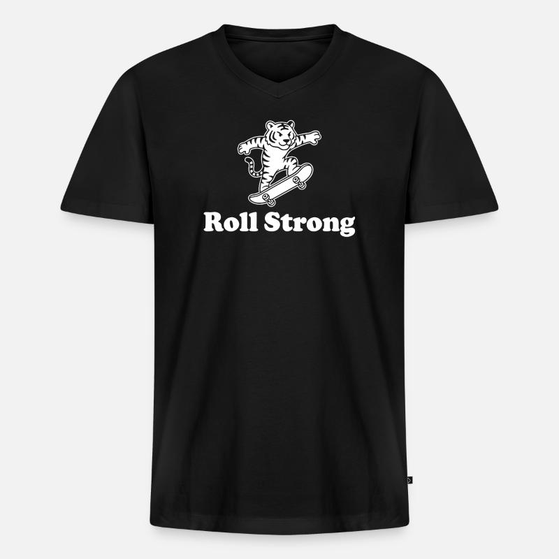 Tiger Skateboard Roll Strong - Männer Premium Bio T-Shirt mit V-Ausschnitt - Schwarz