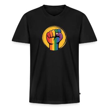 Rainbow Fist Antifa - Gegen Rechts - Männer Premium Bio T-Shirt mit V-Ausschnitt - Schwarz - Vorne - Nico (187cm)
