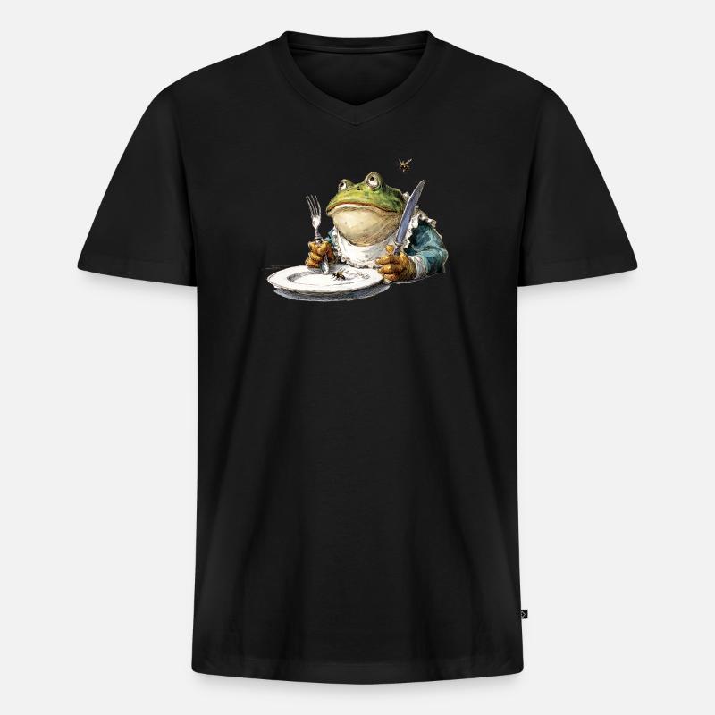 Frosch am Tisch mit Besteck - Männer Premium Bio T-Shirt mit V-Ausschnitt - Schwarz