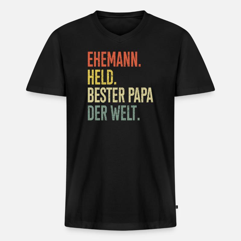 Held Papa Bester Ehemann - Männer Premium Bio T-Shirt mit V-Ausschnitt - Schwarz