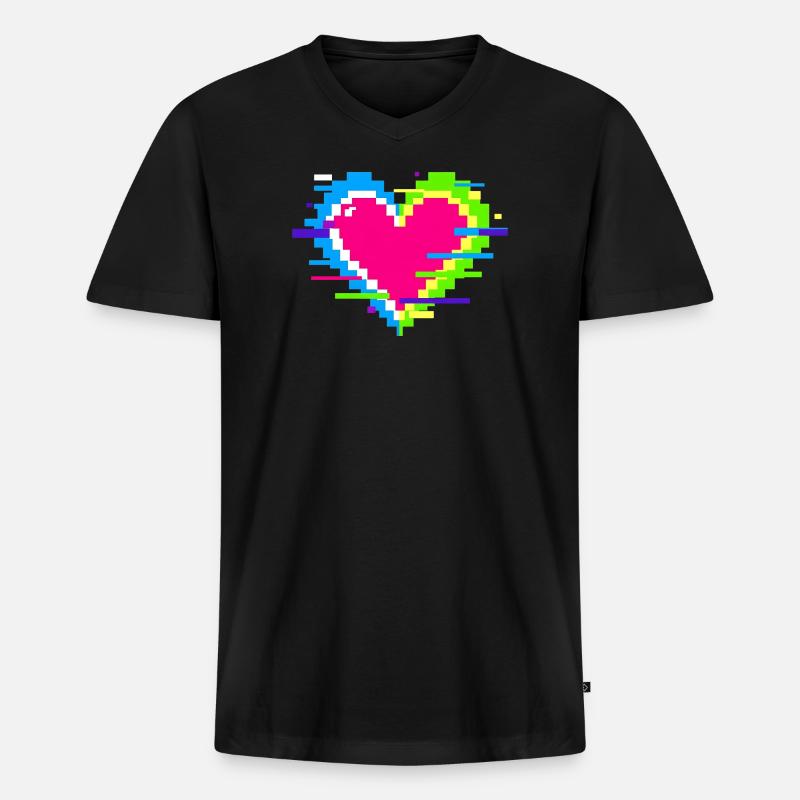 Pixelherz Neon Glitch Regenbogen - Männer Premium Bio T-Shirt mit V-Ausschnitt - Schwarz