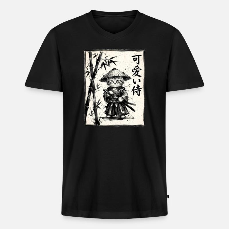 Samurai Cat Sumi-e Ink Drawing - Men's Premium Organic T-shirt with V-neck - black