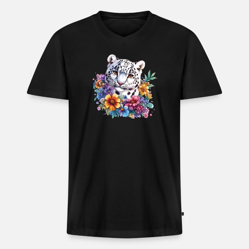 Leopard Blumenzauber - Männer Premium Bio T-Shirt mit V-Ausschnitt - Schwarz