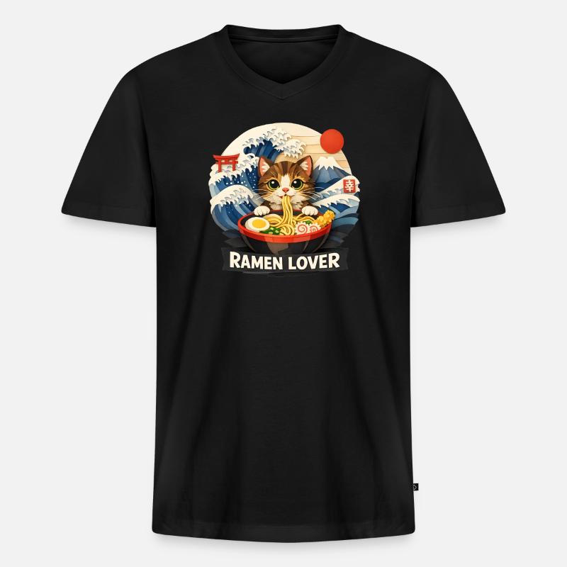 Katze Ramen Anime - Männer Premium Bio T-Shirt mit V-Ausschnitt - Schwarz