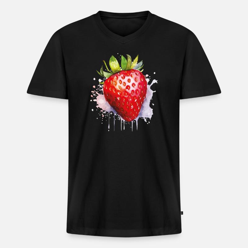 Wasserfarbene Erdbeere Spritzer - Männer Premium Bio T-Shirt mit V-Ausschnitt - Schwarz