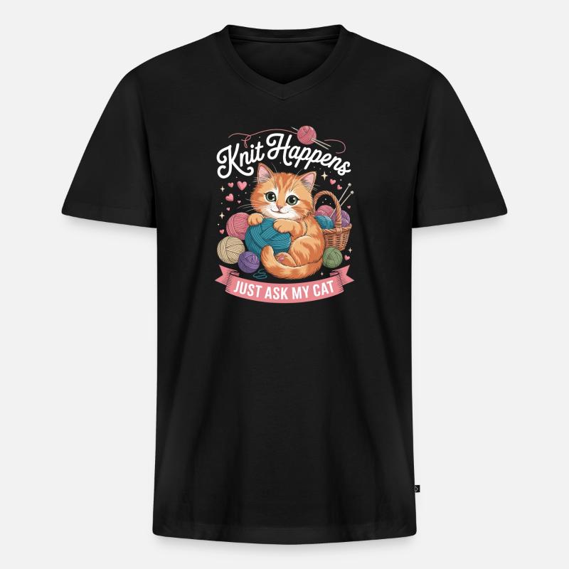 Kätzchen Strickzauber Garnliebe - Männer Premium Bio T-Shirt mit V-Ausschnitt - Schwarz