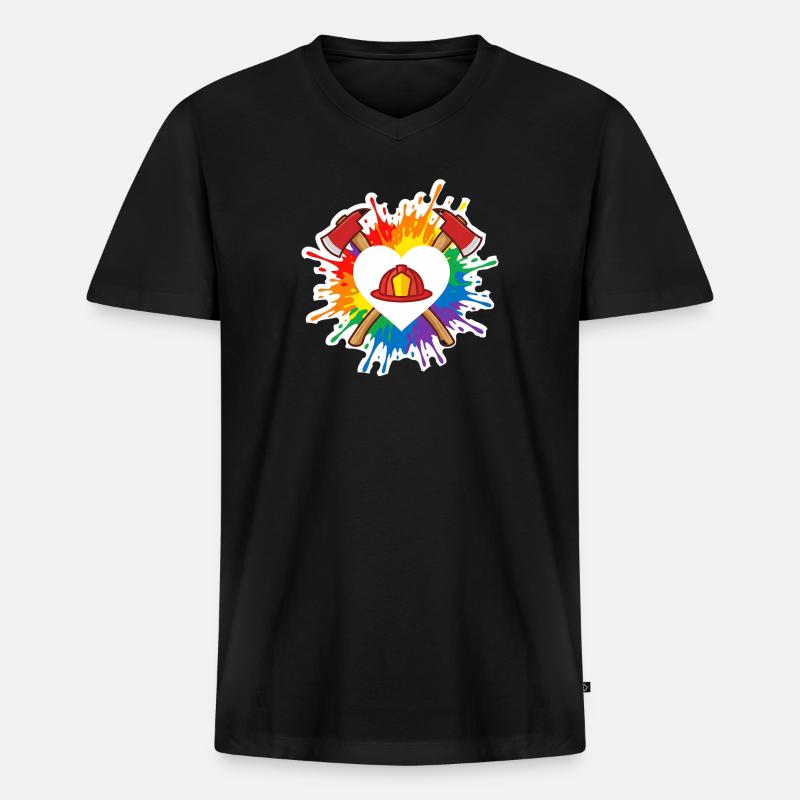 Feuerwehr Pride Herz Helm Regenbogen Axt - Männer Premium Bio T-Shirt mit V-Ausschnitt - Schwarz