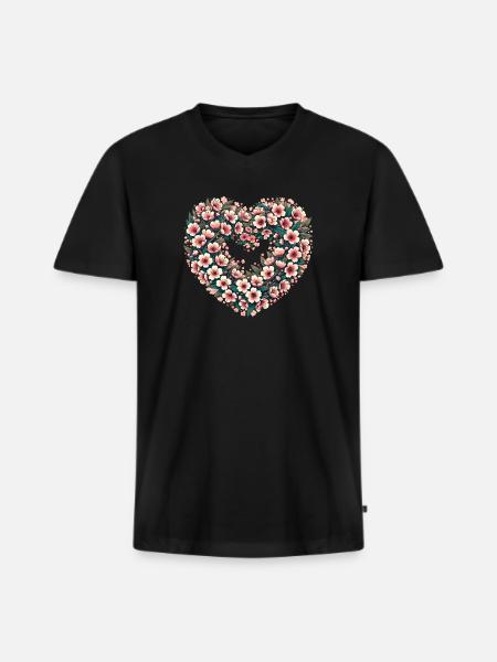 Blossom Heart Blumenwappen - Männer Premium Bio T-Shirt mit V-Ausschnitt - Schwarz