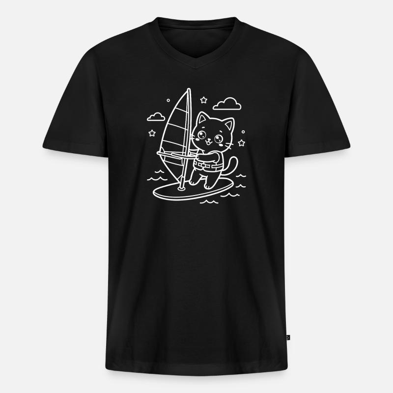 Kawaii Katze Windsurfen - Männer Premium Bio T-Shirt mit V-Ausschnitt - Schwarz