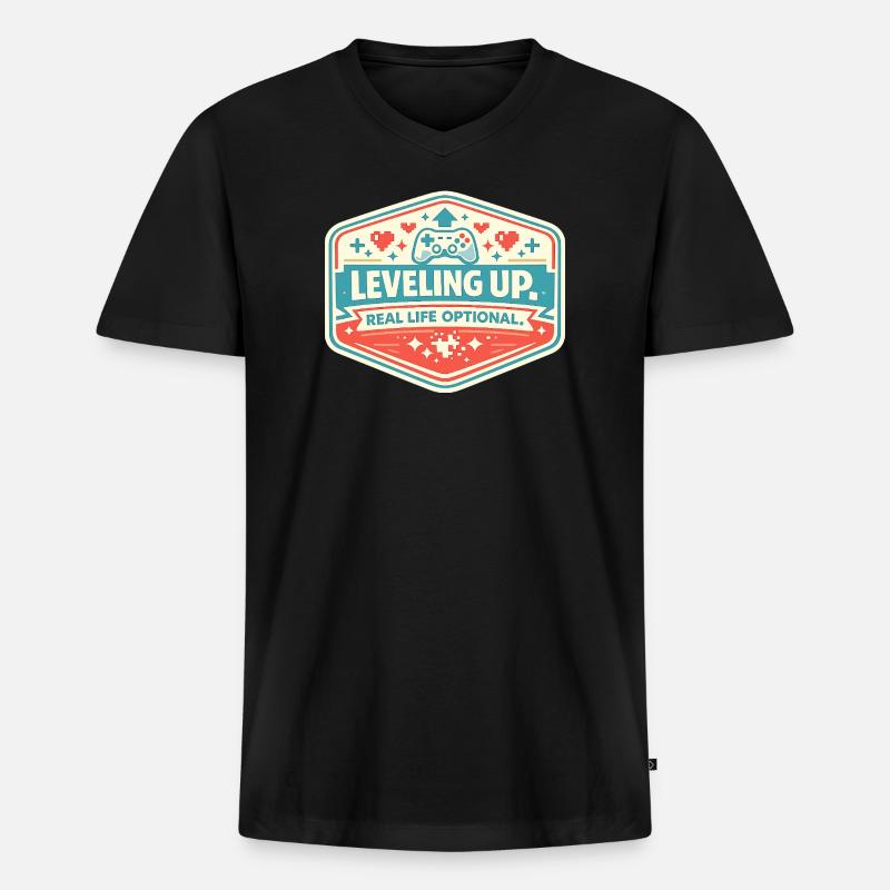 Leveling Up Gaming Abzeichen - Männer Premium Bio T-Shirt mit V-Ausschnitt - Schwarz