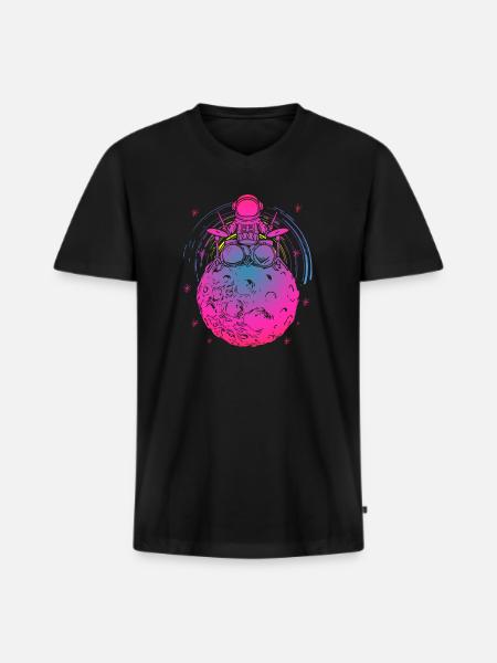 Neon Astronaut auf buntem Mond - Männer Premium Bio T-Shirt mit V-Ausschnitt - Schwarz