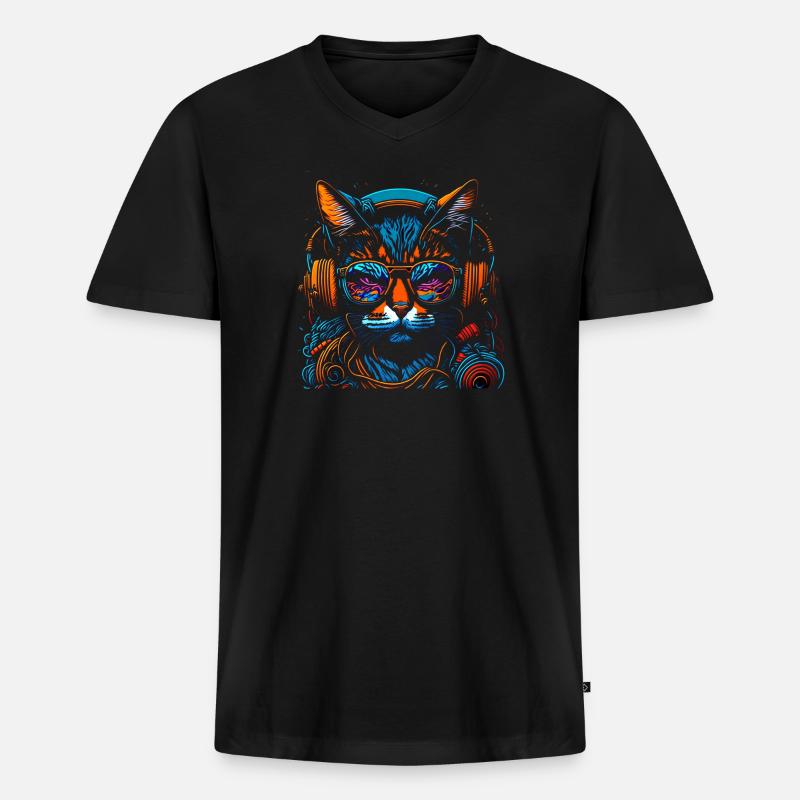 Neon DJ-Katze mit Kopfhörern - Männer Premium Bio T-Shirt mit V-Ausschnitt - Schwarz
