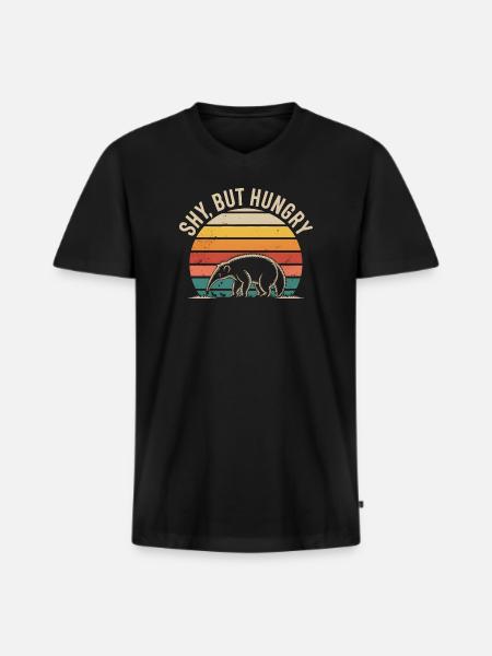Timide, mais affamée | Fourmilier rétro - T-shirt encolure en V Premium bio Homme - noir