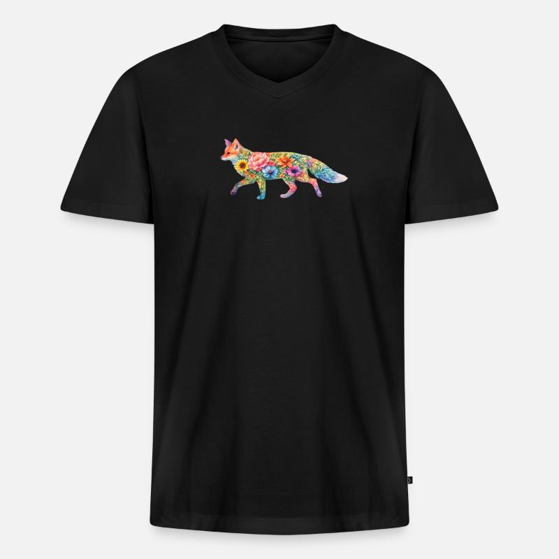 Fuchs Aquarell Silhouette Blumen - Männer Premium Bio T-Shirt mit V-Ausschnitt - Schwarz