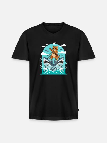 Kittens on shark adventures - Men's Premium Organic T-shirt with V-neck - black