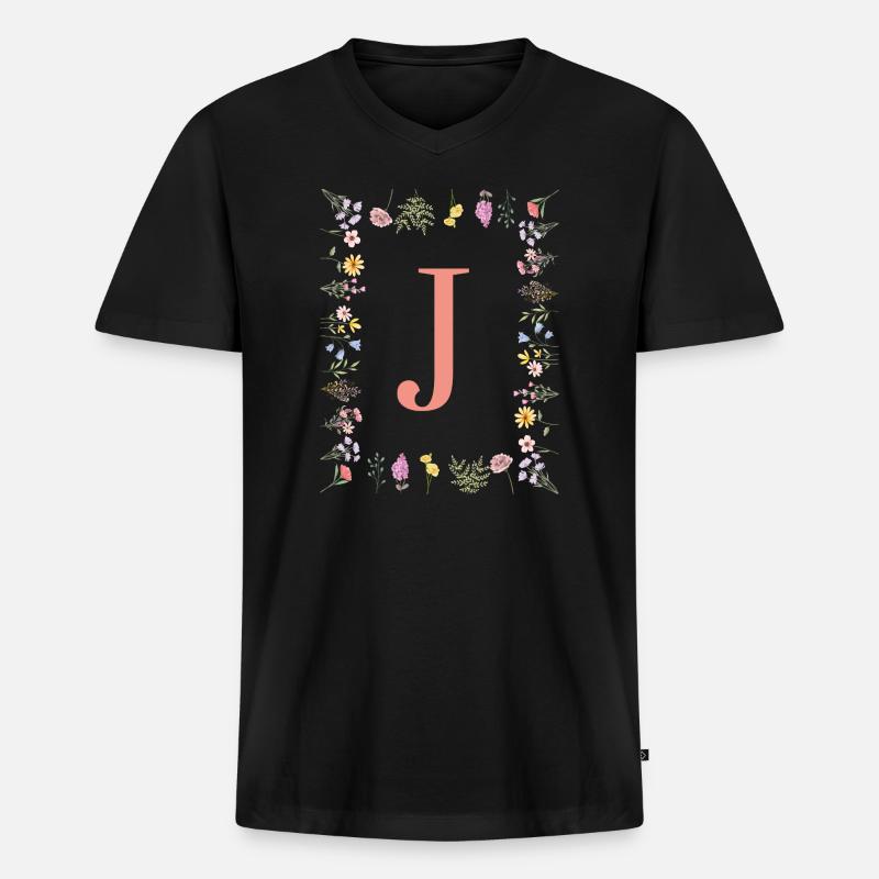 Florale Initialen "J ", Buchstaben Monogramm  - Männer Premium Bio T-Shirt mit V-Ausschnitt - Schwarz